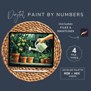 May include: Digital paint by numbers kit featuring a tablet displaying a garden scene with a watering can. Includes files, swatches, 4 file types, and a 30-color palette with RGB & HEX codes. The tablet rests on a woven mat.
