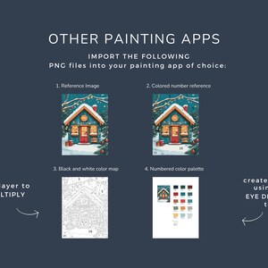 May include: Image showing instructions for using "Other Painting Apps". The image includes a reference image of a winter scene, a numbered color reference, a black and white color map, and a numbered color palette. Instructions are provided to import PNG files.