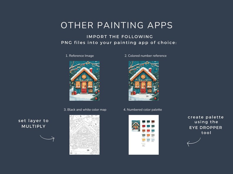 May include: Image showing instructions for using "Other Painting Apps". The image includes a reference image of a winter scene, a numbered color reference, a black and white color map, and a numbered color palette. Instructions are provided to import PNG files.