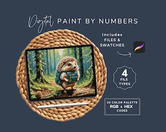 Procreate Paint By Numbers, Fairytale Creatures, Hedgehog Hiker, Digital Fantasy Coloring Pages, 30 Color Palette, Instant Download, WP132
