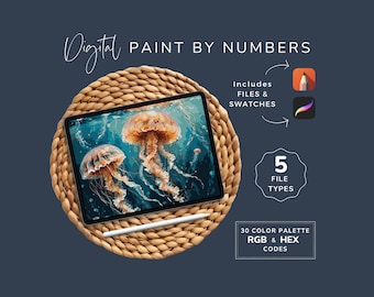 Paint by Numbers Ocean, Procreate PBN, Jellyfish Painting, Adult DIY Craft Art, 30 Colors, Sketchbook , 5 File Types, Instant Download WP27