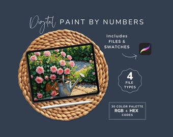 Paint by Numbers Kit, Rose Garden, Procreate Coloring Pages, Pink Flowers, Digital PDF, Digital Art, 30 Colors, Instant Download WP161