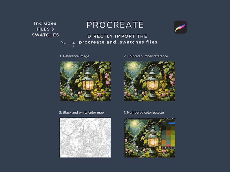 May include: Image showcasing a Procreate digital art product. The image includes a reference image of a lantern in a forest, a colored number reference, a black and white color map, and a numbered color palette. Text includes "Includes FILES & SWATCHES" and "DIRECTLY IMPORT THE .procreate and .swatches files."