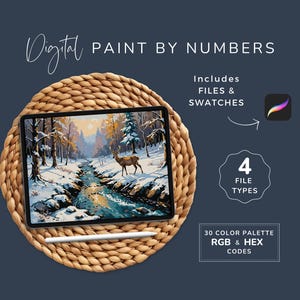 May include: Digital paint by numbers image of a winter forest scene with a deer in the foreground. The image is displayed on a tablet with a stylus. The image includes 4 file types and 30 color palettes with RGB and HEX codes.