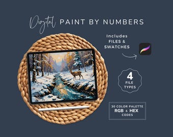 Paint by Numbers Deer, Winter Landscape, Woodland Artwork, For Drawing Apps, Procreate, 30 Color PBN, High Quality, Instant Download, WP39