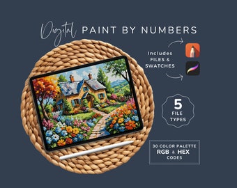 Procreate Paint by Numbers, Digital CBN, Cute Country Cottage, DIY Art Project, Sketchbook, 5 file types, 30 Colors, Instant Download WP08