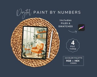 May include: A digital paint-by-numbers art kit displayed on a tablet, featuring a watercolor illustration of a room with an orange chair and plants. Includes files, swatches, 4 file types, and a 24-color palette with RGB & HEX codes. The tablet rests on a woven mat.