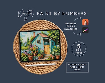 Procreate Paint By Numbers, Cute Garden Shed, PDF Coloring Pages, DIY Digital Art Kit, Sketchbook, 30 Color Palette,  Instant Download, WP89