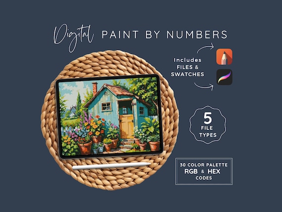 Procreate Paint By Numbers, Cute Garden Shed, PDF Coloring Pages, DIY Digital Art Kit, Sketchbook, 30 Color Palette,  Instant Download, WP89
