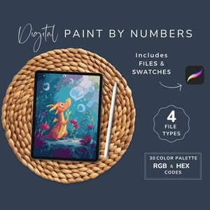 May include: Digital paint by numbers kit featuring a colorful dragon illustration. The image shows a tablet with the artwork, a stylus, and text indicating file types, color palette, and included files. The tablet is on a woven mat.
