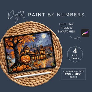 May include: Digital paint by numbers Halloween themed image on a tablet screen. The image shows a spooky house with pumpkins and a full moon. The tablet is on a woven placemat. The image includes 4 file types and 30 color palettes with RGB and HEX codes.