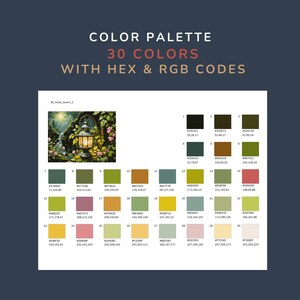 May include: A color palette graphic with 30 colors, including HEX and RGB codes. The image features a painting of a lantern in a garden. The color swatches are arranged in rows and columns, with each swatch displaying a color and its corresponding codes.
