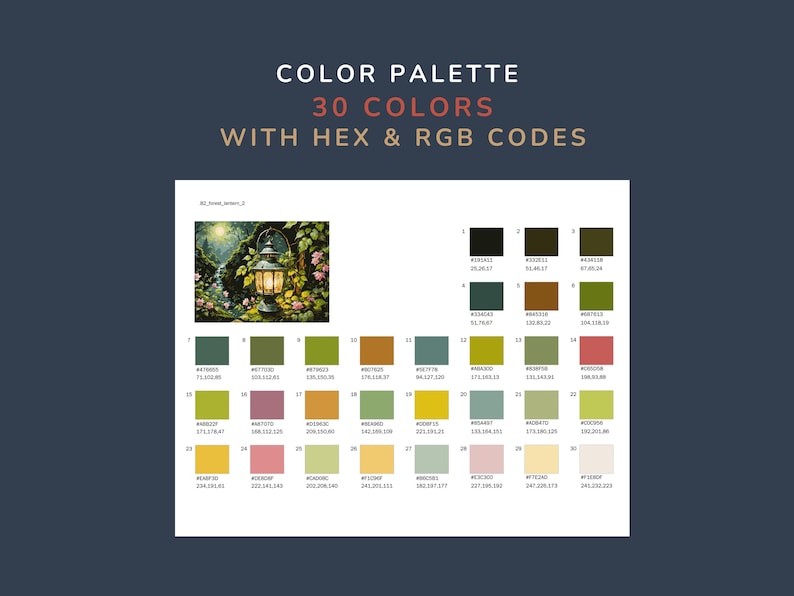 May include: A color palette graphic with 30 colors, including HEX and RGB codes. The image features a painting of a lantern in a garden. The color swatches are arranged in rows and columns, with each swatch displaying a color and its corresponding codes.