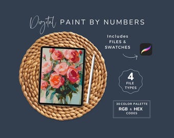 Paint by Numbers Kit Adult Flower, Pink and Red Roses, Floral Painting, PDF Printable Template, 30 Colors, SVG, Instant Download 185