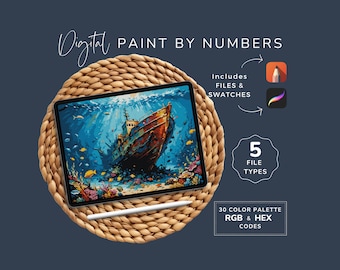 Paisaje marino para pintar por números, Procreate PBN, Naufragio submarino, Manualidades para adultos, 30 colores, Cuaderno de bocetos, 5 tipos de archivos, Descarga instantánea WP19