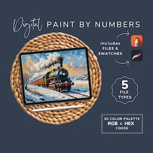 May include: Digital paint by numbers image of a train in a snowy landscape. The image is displayed on a tablet computer on a woven mat. The image includes 5 file types, 30 color palettes, and RGB and HEX codes.