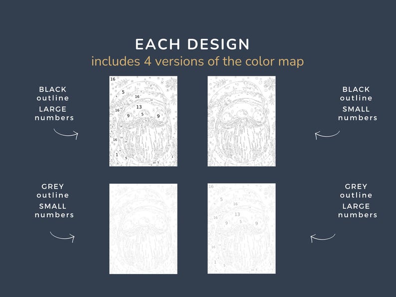 May include: Image showing four versions of a color map for a paint-by-numbers design. The text reads "EACH DESIGN includes 4 versions of the color map." The versions include black and grey outlines with large and small numbers.