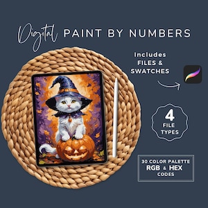 May include: Digital paint by numbers image on a tablet screen showing a white cat wearing a witch's hat and holding a jack-o'-lantern. The image includes 30 color palettes with RGB and HEX codes.