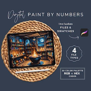 May include: Digital paint by numbers image of a magical potion shop with a cauldron and a full moon in the window. Includes 4 file types and 30 color swatches.