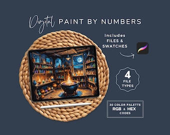 Paint By Numbers Fantasy, Story Book Potion Shop, Fairytale Art, Digital DIY Painting, Procreate, PDF PNG, 30 Colors, Instant Download WP141