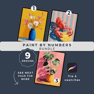 Pode incluir: Um pacote digital de pintura por números com três pinturas completas em tablets: uma natureza morta floral, uma lagosta com um limão e uma planta em vaso. A imagem inclui o texto "PAINT BY NUMBERS BUNDLE", "9 DESIGNS" e "file & swatches".