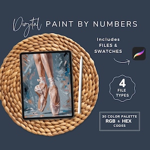 May include: Digital paint by numbers image of a ballerina's feet in pink pointe shoes. The image is displayed on a tablet computer on a woven mat. The image includes 4 file types and 30 color swatches.