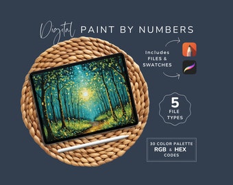 Digital Paint by Numbers, Fireflies at Dusk, Forest Artwork, Procreate, Sketchbook, DIY Painting, PDF PNG, 30 Colors, Instant Download WP34