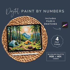 May include: Digital paint by numbers kit featuring a camping scene with a forest, mountains, and two tents. The kit includes four file types and a color palette with 30 RGB and HEX codes.