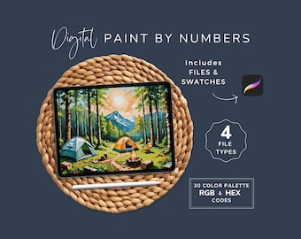 Könnte beinhalten: Digitales Malen nach Zahlen-Set mit einer Camping-Szene mit Wald, Bergen und zwei Zelten. Das Set enthält vier Dateitypen und eine Farbpalette mit 30 RGB- und Hex-Codes.