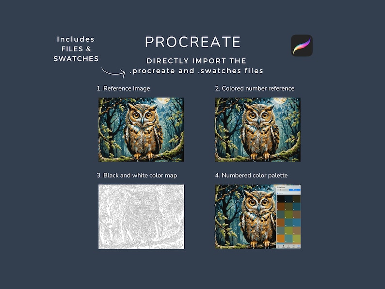 May include: A digital illustration of an owl in a snowy forest. The image is divided into four sections: a reference image, a coloured number reference, a black and white colour map, and a numbered colour palette. The image is designed for use with the Procreate app.