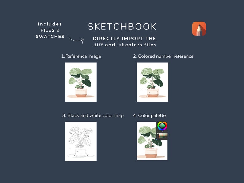 May include: A digital sketchbook illustration of a potted plant with green leaves. The illustration includes a reference image, a color-coded number reference, a black and white color map, and a color palette.