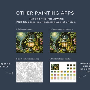 May include: Image showing instructions for using painting apps. Includes a reference image of a lantern in a garden, a colored number reference, a black and white color map, and a numbered color palette. Text includes "OTHER PAINTING APPS" and "IMPORT THE FOLLOWING PNG files".