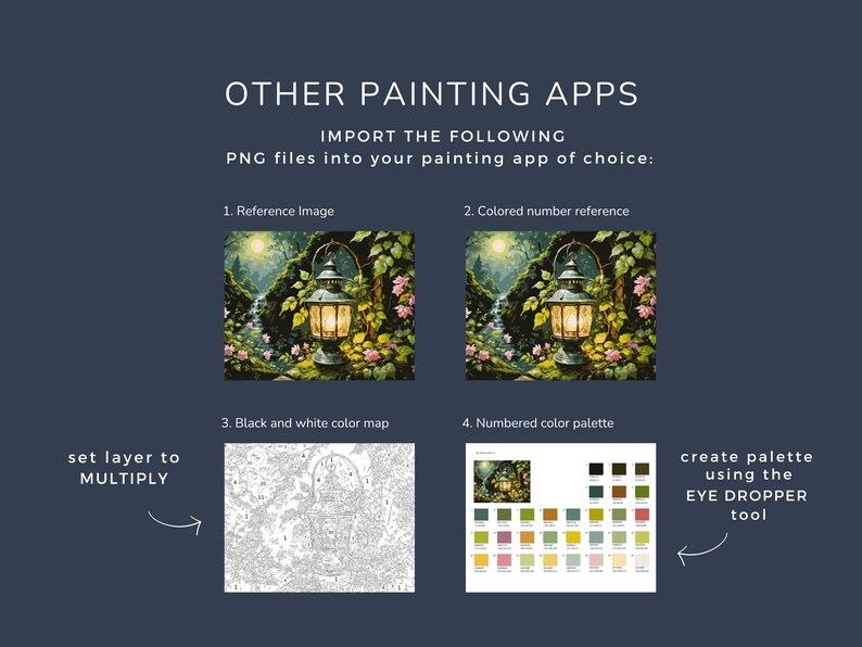 May include: Image showing instructions for using painting apps. Includes a reference image of a lantern in a garden, a colored number reference, a black and white color map, and a numbered color palette. Text includes "OTHER PAINTING APPS" and "IMPORT THE FOLLOWING PNG files".