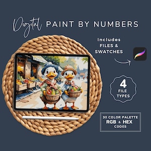 May include: Digital paint by numbers art on a tablet, featuring two duck characters with baskets of produce. The tablet rests on a woven placemat. Includes files, swatches, 4 file types, and a 30 color palette with RGB & HEX codes.