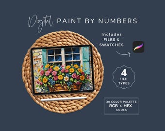 Paint by Numbers Kit, Window with Flowers, Procreate Coloring Pages, Floral Window Box, Digital Art, 30 Colors, Instant Download WP115