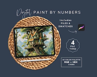 Digital Paint By Numbers, Fairytale Treehouse, Fantasy CBN, Digital Mythical Art, PNG, Procreate Coloring, 30 Colors, Instant Download WP138