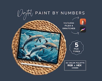 Digital Paint by Numbers, Dolphins in Ocean, Seascape Art, DIY Printable Template, PDF PBN Coloring Pages, Wall Decor, Instant Download WP05