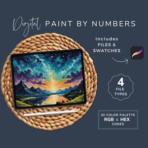 May include: Digital paint by numbers kit featuring a colourful landscape scene with mountains, a lake, and a starry sky. The kit includes 4 file types, 30 colour swatches, and RGB & HEX colour codes.