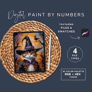 May include: Digital paint by numbers image of a cat wearing a witch's hat. The image is displayed on a tablet computer on a woven mat. The image includes 30 color palettes with RGB and HEX codes.  Includes 4 file types.