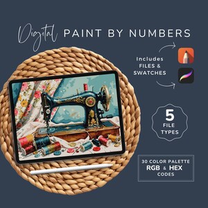 May include: Digital paint by numbers kit featuring a vintage sewing machine illustration on a tablet. The tablet is on a woven mat, with a stylus. Includes files, swatches, 5 file types, and 30 color palette RGB & HEX codes.