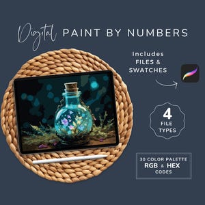 May include: Digital paint by numbers image of a glowing blue bottle with flowers inside, on a dark background. The image is displayed on a tablet on a woven mat. The image includes 4 file types and 30 color palettes with RGB and HEX codes.