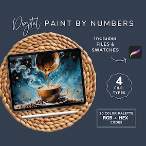 May include: Digital paint by numbers image of a cup of coffee with steam rising from it. The image is on a tablet with a stylus next to it. The image includes 4 file types and 30 color palettes with RGB and HEX codes.