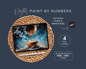 Paint by Numbers Coffee, Sip and Draw PBN, Adult Digital Coloring, Procreate, 30 Color Palette, Advanced CBN, Instant Download, WP110