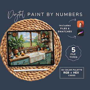 Op de afbeelding: Digitale verf-naar-nummers afbeelding van een keukenscene met een raam dat uitkijkt op een veld. De afbeelding wordt weergegeven op een tabletcomputer met een styluspen. De afbeelding bevat 5 bestandstypen en 30 kleurenpaletten met RGB- en HEX-codes.