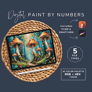 Verf op nummer paddenstoel voor volwassenen, fantasiekleurplaten, DIY Art Kit, afdrukbare pdf, meerdere bestandstypen, 30 kleuren, instant download WP36