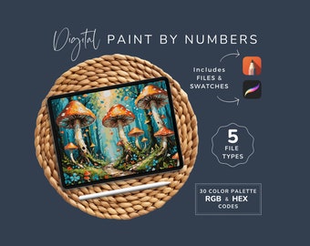 Paint By Number Adult Mushroom, Fantasy Coloring Pages, DIY Art Kit, Printable PDF, Multiple File Types, 30 Colors, Instant Download WP36