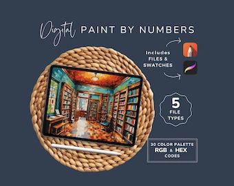 May include: Digital paint by numbers image of a library interior with bookshelves, a window, and a chair. The image is displayed on a tablet computer with a stylus. The image includes 5 file types, 30 color palettes, and RGB and HEX codes.