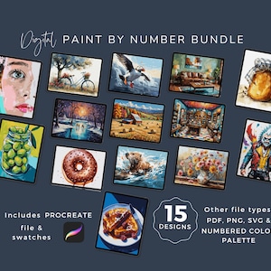 Pode incluir: Um pacote digital de pintura por números com 15 designs. O pacote inclui arquivos e amostras do Procreate. Outros tipos de arquivos incluem PDF, PNG, SVG e uma paleta de cores numerada.