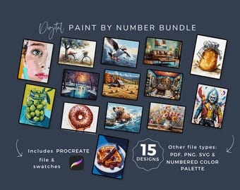 Color-by-Number Bundle, Procreate Paint by Numbers with Swatches, Adult Coloring Pages, 15 Unique Designs, Instant Download, WP452