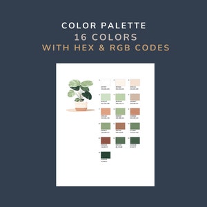 May include: A color palette with 16 colors, including shades of green, brown, and white. The color codes are listed in hex and RGB format. The palette is displayed on a white background with a potted plant illustration.
